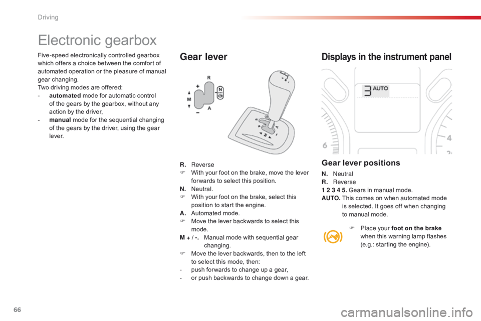 CITROEN C-ELYSÉE 2016 Handbook (in English) 66
Gear lever
Electronic gearbox
Displays in the instrument panel
Gear lever positions
N. neutral
R. R everse
1 2 3 4 5. Gears in manual mode.
AUTO.
T
his comes on when automated mode
is sel CITROEN C-ELYSÉE 2016 Handbook (in English) 66
Gear lever
Electronic gearbox
Displays in the instrument panel
Gear lever positions
N. neutral
R. R everse
1 2 3 4 5. Gears in manual mode.
AUTO.
T
his comes on when automated mode
is sel