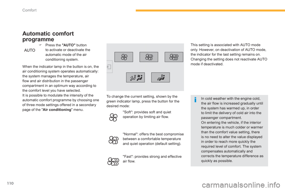 Citroen GRAND C4 PICASSO RHD 2013 1.G Owners Guide 110
Comfort
   
In cold weather with the engine cold, the air flow is increased gradually until the system has warmed up, in order to limit the delivery of cold air into the passenger compartment.  On