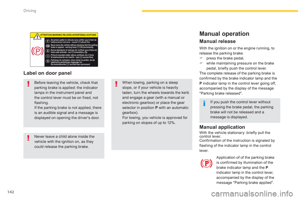 Citroen GRAND C4 PICASSO RHD 2013 1.G Owners Manual 142
Driving
Label on door panel 
  Before leaving the vehicle, check thatparking brake is applied: the indicator lamps in the instrument panel andthe control lever must be on fixed, not flashing. 
If 