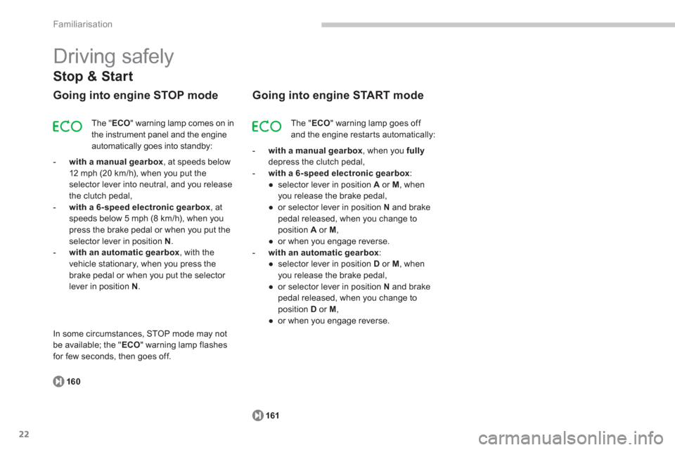 Citroen GRAND C4 PICASSO RHD 2013 1.G Owners Manual 22
Familiarisation
Stop & Start
Going into engine STOP mode 
  The "ECO" warning lamp comes on in
the instrument panel and the engine 
automatically goes into standby: 
-with a manual gearbox  , at sp