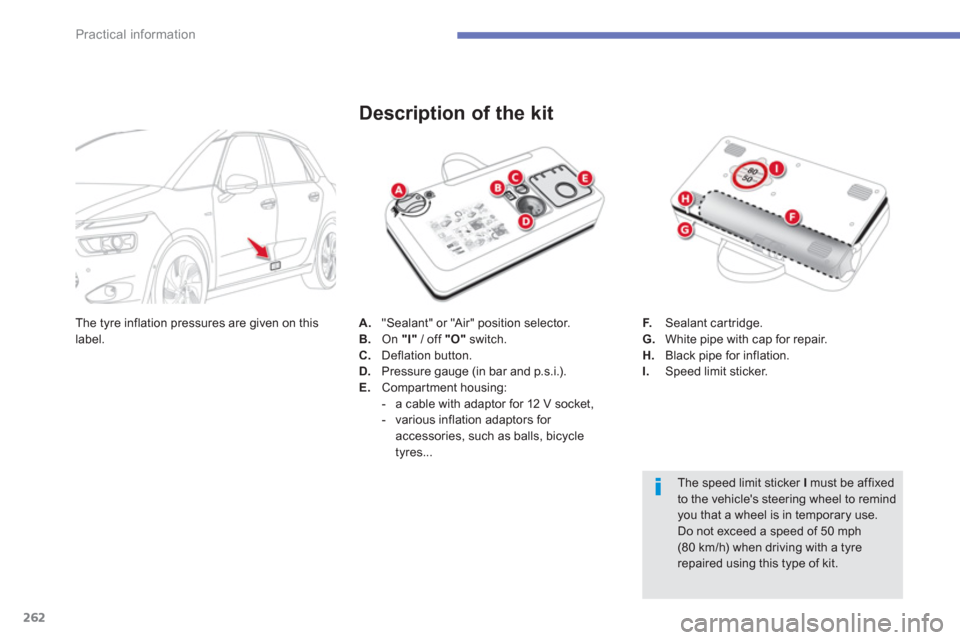 Citroen GRAND C4 PICASSO RHD 2013 1.G Owners Manual 262
Practical information
A.    "Sealant" or "Air" position selector. B. 
 On "I" 
 / off  "O" 
 switch.C. 
 Deflation button. D.Pressure gauge (in bar and p.s.i.). E.Compartment housing: 
   
 
-   a