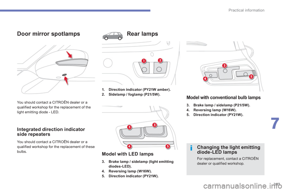 Citroen GRAND C4 PICASSO RHD 2013 1.G Owners Manual 283
7
Practical information
  You should contact a CITROËN dealer or a qualified workshop for the replacement of the 
light emitting diode - LED.
Door mirror spotlamps
Integrated direction indicator 