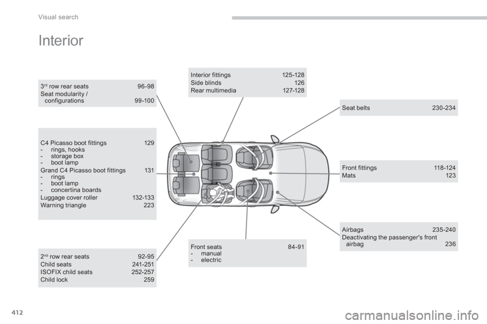 Citroen GRAND C4 PICASSO RHD 2013 1.G Owners Manual 412
Visual search
  Interior  
Interior fittings 125 -128 Side blinds  126 Rear multimedia  127-128 
 
Front seats 84-91 -  manual -  electric
3 rd 
 row rear seats 96-98 Seat modularity / configurati