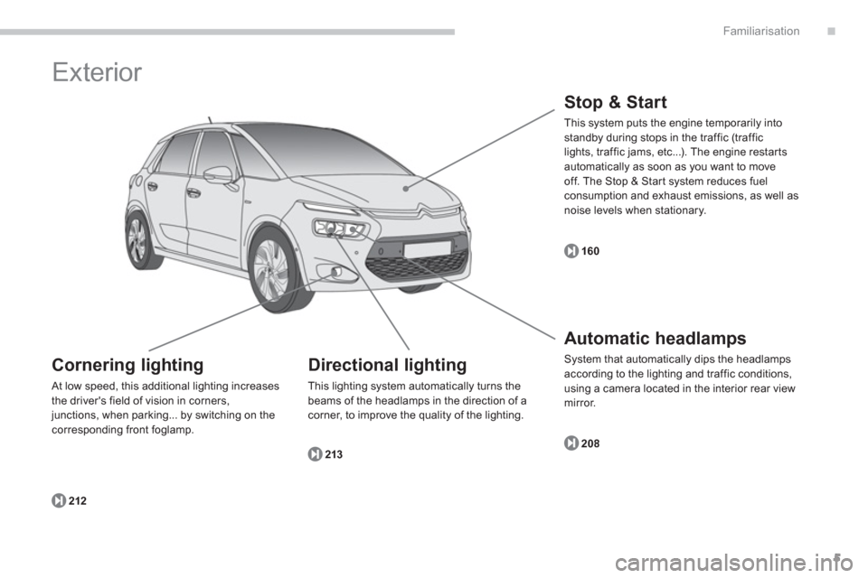 Citroen C4 PICASSO RHD 2013 1.G Owners Manual .
5
Familiarisation
  Exterior 
Directional lighting
This lighting system automatically turns the
beams o
f the headlamps in the direction of acorner, to improve the quality of the lighting.
213
   
C