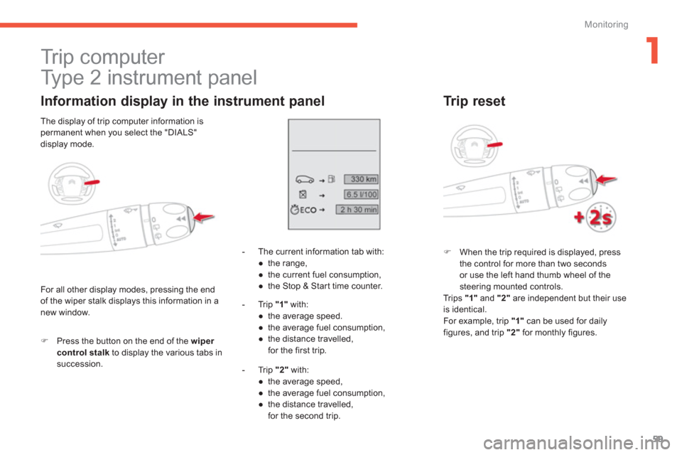 Citroen GRAND C4 PICASSO RHD 2013 1.G User Guide 1
59
Monitoring
   
 
 
 
Tr i p  c o m p u t e r  
  Type 2 instrument panel 
 
 
Information display in the instrument panel
�)Press the button on the end of the  wiper control stalk 
 to display th