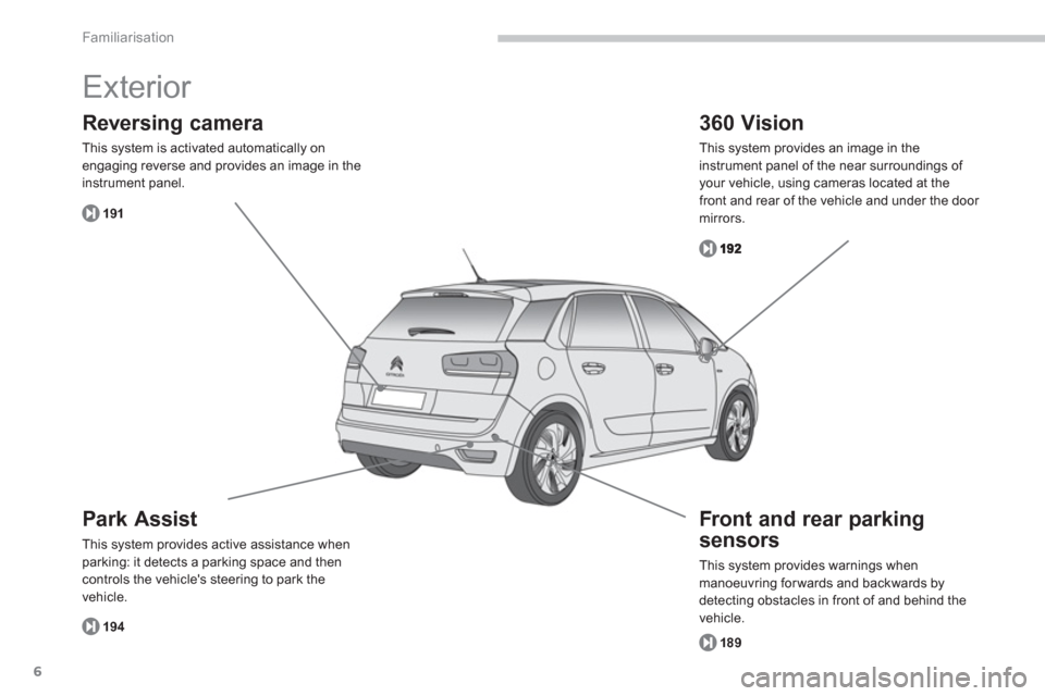 Citroen GRAND C4 PICASSO RHD 2013 1.G Owners Manual 6
Familiarisation
  Exterior 
Park Assist 
This system provides active assistance when parking: it detects a parking space and thencontrols the vehicles steering to park the 
v
ehicle.
Reversing came