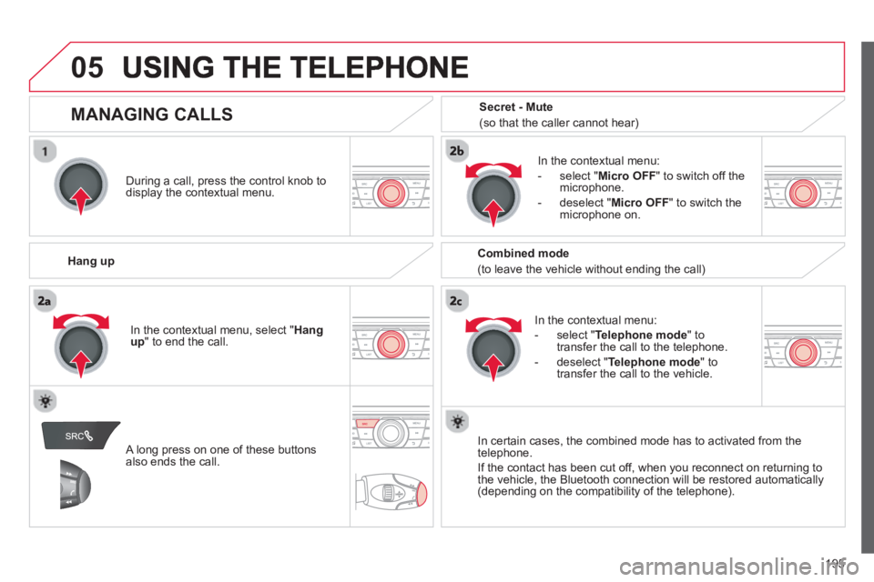 CITROEN C-ELYSÉE 2014 Handbook (in English) 195
05
During a call, press the control knob to
display the contextual menu.
Han
g up
In the contextual menu:
-
select "Telephone mode" to
transfer the call to the telephone.
- CITROEN C-ELYSÉE 2014 Handbook (in English) 195
05
During a call, press the control knob to
display the contextual menu.
Han
g up
In the contextual menu:
-
select "Telephone mode" to
transfer the call to the telephone.
-