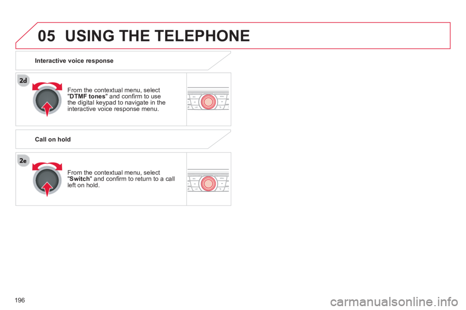 CITROEN C-ELYSÉE 2014 Handbook (in English) 196
05USING THE TELEPHONE
From the contextual menu, select "DTMF tones " and confi rm to usethe digital keypad to navigate in the
interactive voice response menu.
From the contextual menu, select CITROEN C-ELYSÉE 2014 Handbook (in English) 196
05USING THE TELEPHONE
From the contextual menu, select "DTMF tones " and confi rm to usethe digital keypad to navigate in the
interactive voice response menu.
From the contextual menu, select