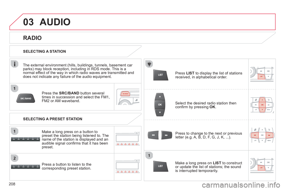 CITROEN C-ELYSÉE 2014 Handbook (in English) 03
208
Press the SRC/BANDbutton several
times in succession and select the FM1, FM2 or AM waveband.
Pr
ess a button to listen to the corresponding preset station.Press to chan
ge to the next or p CITROEN C-ELYSÉE 2014 Handbook (in English) 03
208
Press the SRC/BANDbutton several
times in succession and select the FM1, FM2 or AM waveband.
Pr
ess a button to listen to the corresponding preset station.Press to chan
ge to the next or p