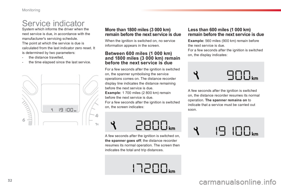 CITROEN C-ELYSÉE 2014  Handbook (in English) 32
Monitoring
   
 
 
 
 
Service indicator 
 
 
More than 1800 miles (3 000 km)remain before the next service is due 
 
When the ignition is switched on, no ser vice
information appears in the screen