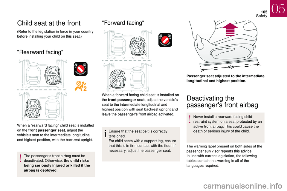 CITROEN DS3 CABRIO 2018  Handbook (in English) 105
Child seat at the front
(Refer to the legislation in force in your country 
before installing your child on this seat.)
"Rearward facing"
When a "rear ward facing" child seat is in