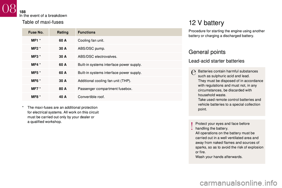 CITROEN DS3 CABRIO 2018  Handbook (in English) 188
12 V battery
Procedure for starting the engine using another 
battery or charging a 
discharged battery.
General points
Lead-acid starter batteries
Batteries contain harmful substances 
such as su
