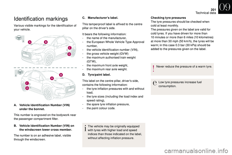 CITROEN DS3 CABRIO 2018  Handbook (in English) 201
Identification	markings
Various visible markings for the identification of 
your vehicle.
A.Vehicle Identification Number (VIN) 
under the bonnet.
B. Vehicle Identification Number (VIN) on 
the wi