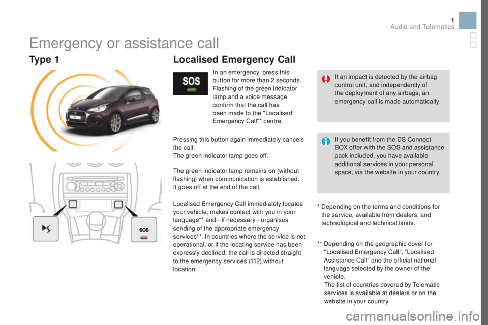 CITROEN DS3 2017  Handbook (in English) 1
Emergency or assistance call
In an emergency, press this 
button for more than 2 seconds.
Flashing of the green indicator 
lamp and a voice message 
confirm that the call has 
been made to the "