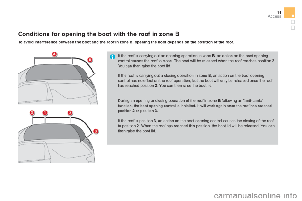 CITROEN DS3 CABRIO 2017 Handbook (in English) 11Access
DS3-Cabrio_en_Chap02_ouvertures_ed02-2015
If the roof is carrying out an opening operation in zone B , an action on the boot opening
control causes the roof to close. The boot will be rel CITROEN DS3 CABRIO 2017 Handbook (in English) 11Access
DS3-Cabrio_en_Chap02_ouvertures_ed02-2015
If the roof is carrying out an opening operation in zone B , an action on the boot opening
control causes the roof to close. The boot will be rel