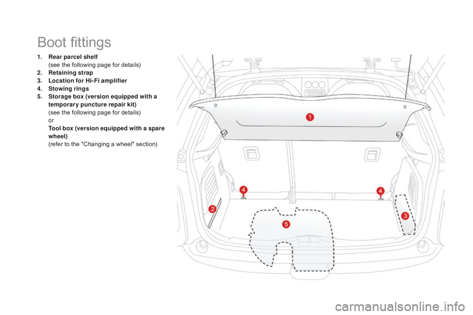 CITROEN DS3 CABRIO 2016  Handbook (in English) 1. Rear parcel shelf  (
see   the   following   page   for   details)
2.
 R

etaining strap
3.
 L

ocation for Hi-Fi amplifier
4.
 S

towing rings
5.
 S

torage box (version equipped with a 
tem