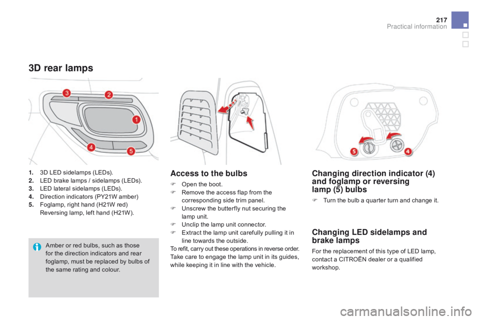 CITROEN DS3 CABRIO 2016  Handbook (in English) 217
Changing direction indicator (4) 
and foglamp or reversing 
lamp
  (5) bulbs
F Turn   the   bulb   a   quarter   turn   and   change   it.
Changing LEd sidelamps and 
brake lamps
For the