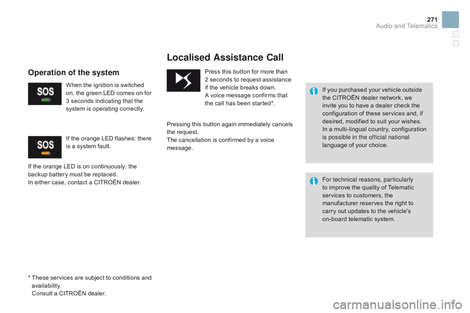 CITROEN DS3 CABRIO 2016 Handbook (in English) 271
Localised Assistance Call
If you purchased your vehicle outside the CITROËN dealer network, we
i
nvite you to have a dealer check the
c
onfiguration CITROEN DS3 CABRIO 2016 Handbook (in English) 271
Localised Assistance Call
If you purchased your vehicle outside the CITROËN dealer network, we
i
nvite you to have a dealer check the
c
onfiguration