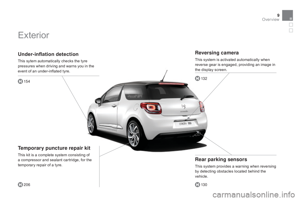 CITROEN DS3 CABRIO 2015  Handbook (in English) 9
Under-inflation detection
This sytem automatically checks the tyre pressures   when   driving   and   warns   you   in   the  
e

vent   of   an   under-inflated   tyre.
15 4
206
T