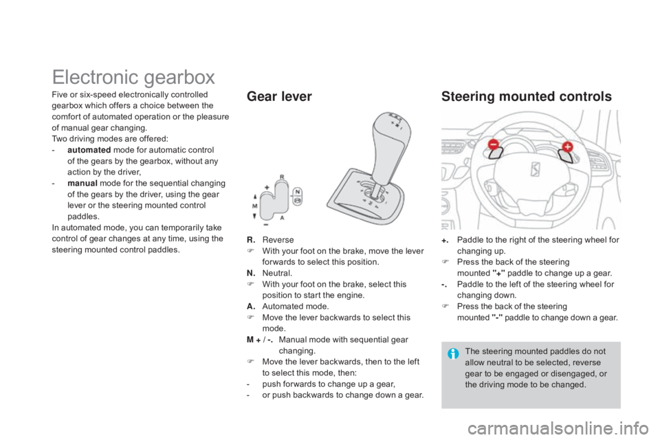 CITROEN DS3 CABRIO 2015 Handbook (in English) Electronic gearbox
R. Reverse
F W ith your foot on the brake, move the lever
f
or wards to select this position.
N.
N
eutral.
F
W
ith your foo CITROEN DS3 CABRIO 2015 Handbook (in English) Electronic gearbox
R. Reverse
F W ith your foot on the brake, move the lever
f
or wards to select this position.
N.
N
eutral.
F
W
ith your foo