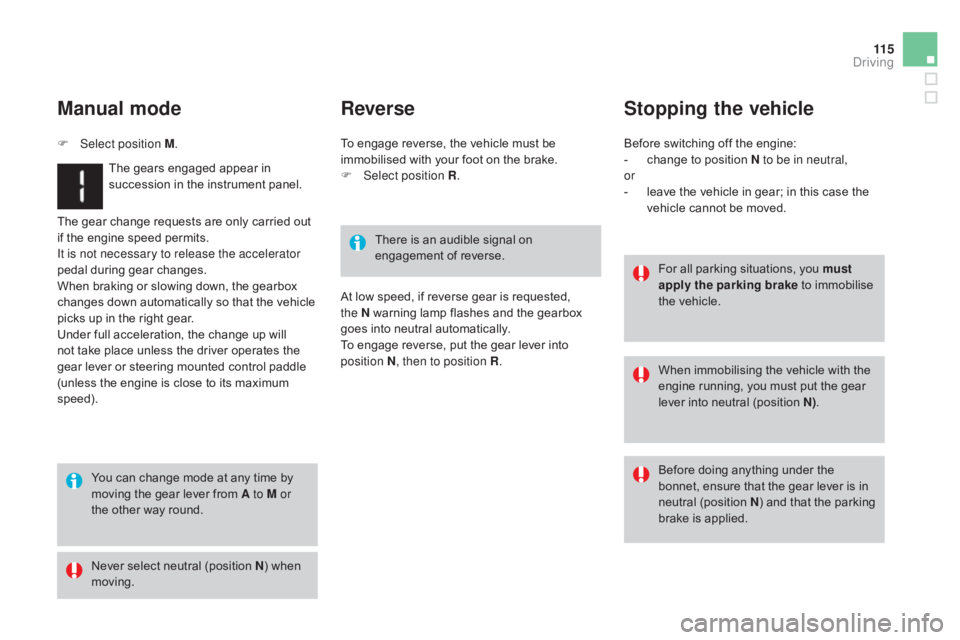 CITROEN DS3 CABRIO 2015  Handbook (in English) 11 5
The gear change requests are only carried out if   the   engine   speed   permits.
It is not necessary to release the accelerator 
pedal
  during   gear   changes.
When
  braking 