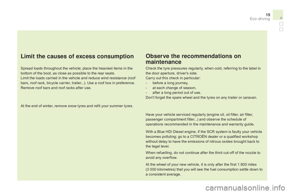 CITROEN DS3 CABRIO 2015  Handbook (in English) 15
Limit the causes of excess consumption
Spread loads throughout the vehicle; place the heaviest items in the bottom   of   the   boot,   as   close   as   possible   to   the   