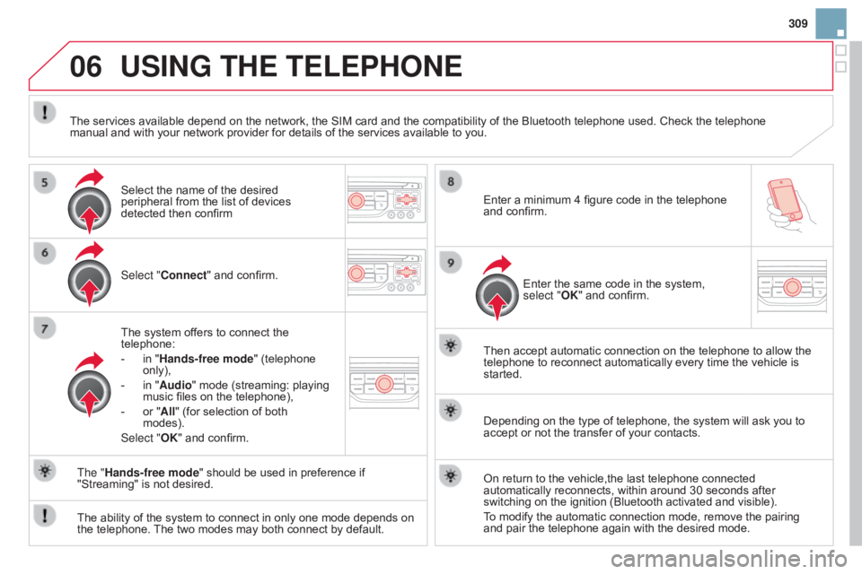 CITROEN DS3 CABRIO 2015 Handbook (in English) 06
309
USING THE TELEPHONE
Select "Connect" and confirm.
The system offers to connect the
telephone:
-
in
"Hands-free mode" (telephone
only),
-
in CITROEN DS3 CABRIO 2015 Handbook (in English) 06
309
USING THE TELEPHONE
Select "Connect" and confirm.
The system offers to connect the
telephone:
-
in
"Hands-free mode" (telephone
only),
-
in