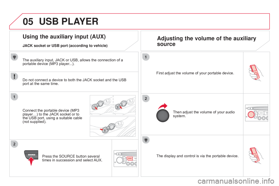 CITROEN DS3 CABRIO 2015 Handbook (in English) 05
The display and control is via the portable device.
First  adjust  the  volume  of  your  portable  device.
Then  adjust  the  volume  of  your  audio Â
system.
U CITROEN DS3 CABRIO 2015 Handbook (in English) 05
The display and control is via the portable device.
First  adjust  the  volume  of  your  portable  device.
Then  adjust  the  volume  of  your  audio Â
system.
U