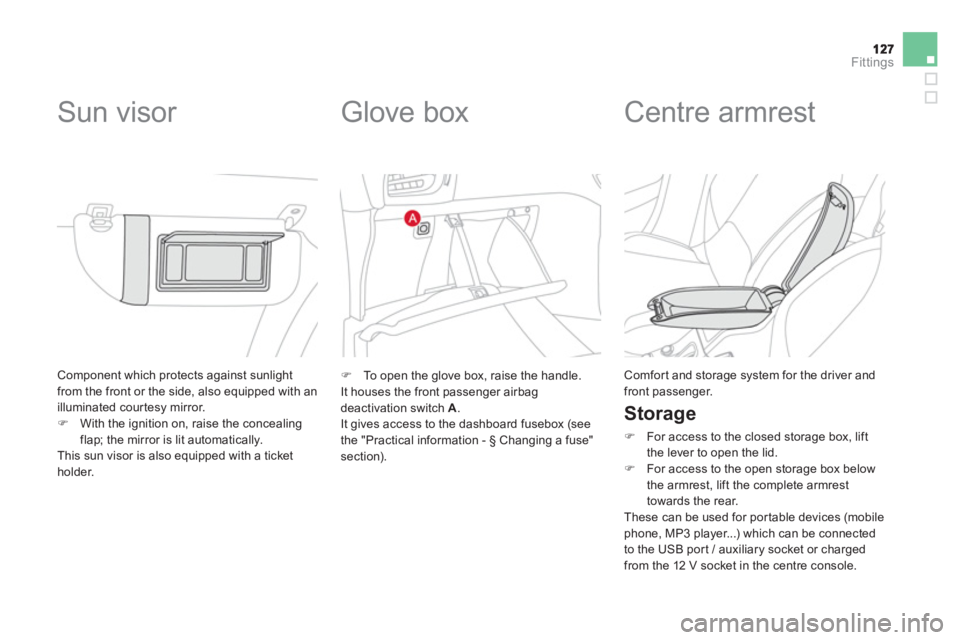 CITROEN DS3 CABRIO 2014  Handbook (in English) Fittings
 Component which protects against sunlightfrom the front or the side, also equipped with an
illuminated courtesy mirror.�)With the ignition on, raise the concealingflap; the mirror is lit aut