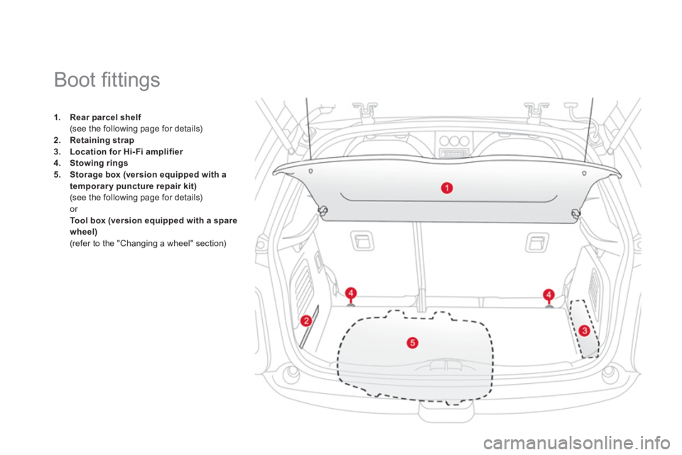 CITROEN DS3 CABRIO 2014  Handbook (in English) 1.Rear parcel shelff(see the following page for details) 2.Retaining strap3.Location for Hi- Fi amplifier
4.Stowing rings5.Storage box (version equipped with a 
temporary puncture repair kit)(see the 