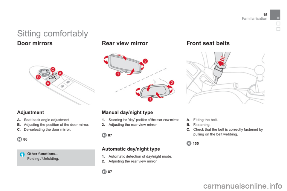 CITROEN DS3 CABRIO 2014  Handbook (in English) 15
Familiarisation
  Sitting comfortably 
 
 
Door mirrors
 
 
Adjustment
A.Seat back angle adjustment. 
B.Adjusting the position of the door mirror. 
C
.De-selecting the door mirror.  
86
Other funct