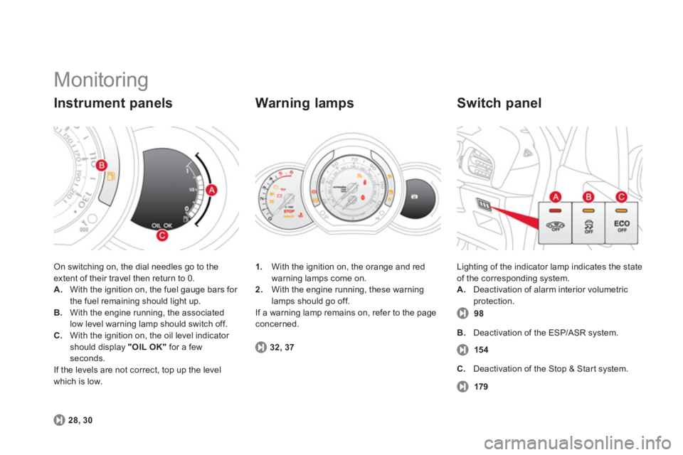 CITROEN DS3 CABRIO 2014  Handbook (in English)   Monitoring 
On switching on, the dial needles go to theextent of their travel then return to 0. A. 
  With the ignition on, the fuel gauge bars for 
the fuel remaining should light up. B.With the en