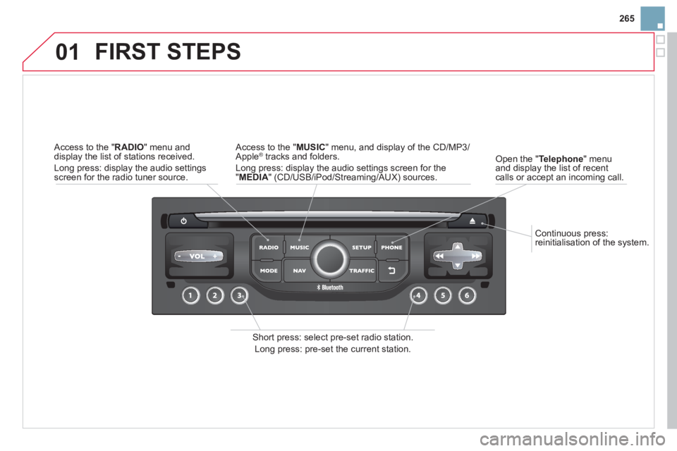 CITROEN DS3 CABRIO 2014  Handbook (in English) 265
01
   Continuous press: 
reinitialisation of the system.    
Open the "Telephone " menu 
and display the list of recentcalls or accept an incoming call.
  FIRST STEPS
 
 Short press: select pre-se
