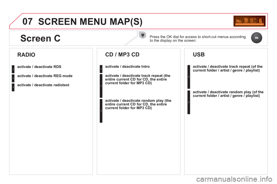 CITROEN DS3 CABRIO 2014 Handbook (in English) 07SCREEN MENU MAP(S)
activate / deactivate RDS
activate / deactivate REG mode
activate / deactivate radiotext
RADIO
activate / deactivate Intro
CD / MP3 CD
activate / deactivate track repeat CITROEN DS3 CABRIO 2014 Handbook (in English) 07SCREEN MENU MAP(S)
activate / deactivate RDS
activate / deactivate REG mode
activate / deactivate radiotext
RADIO
activate / deactivate Intro
CD / MP3 CD
activate / deactivate track repeat