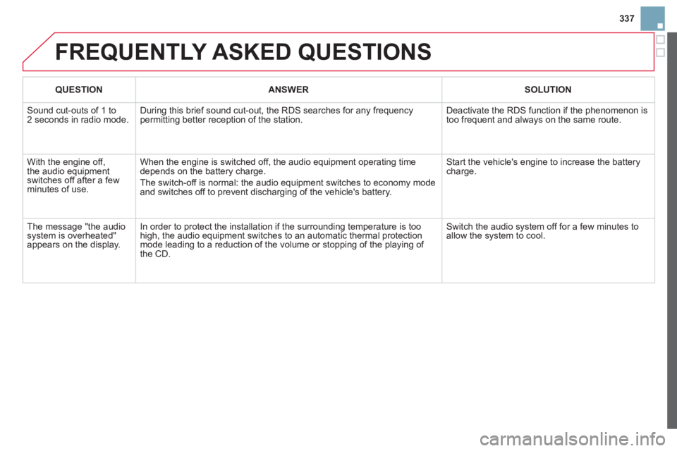 CITROEN DS3 CABRIO 2014 Handbook (in English) 337
FREQUENTLY ASKED QUESTIONS
QUESTIONANSWERSOLUTION
Sound cut-outs of 1 to2 seconds in radio mode.During this brief sound cut-out, the RDS searches for any frequency permitting better reception o CITROEN DS3 CABRIO 2014 Handbook (in English) 337
FREQUENTLY ASKED QUESTIONS
QUESTIONANSWERSOLUTION
Sound cut-outs of 1 to2 seconds in radio mode.During this brief sound cut-out, the RDS searches for any frequency permitting better reception o