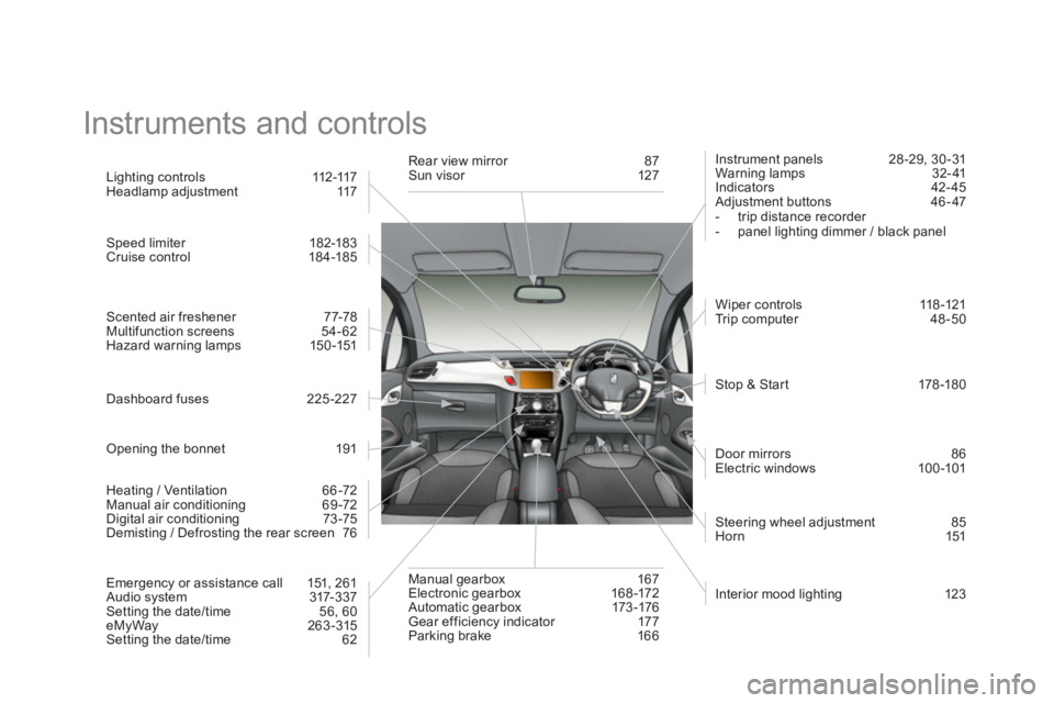 CITROEN DS3 CABRIO 2014  Handbook (in English)   Instruments and controls  
Interior mood lighting 123 
 
  Li
ghting controls  112-117 
Headlamp adjustment 117  
Speed limiter  182-183 Cruise control 184-185 
 
Scented air freshener 77-78 
Multif