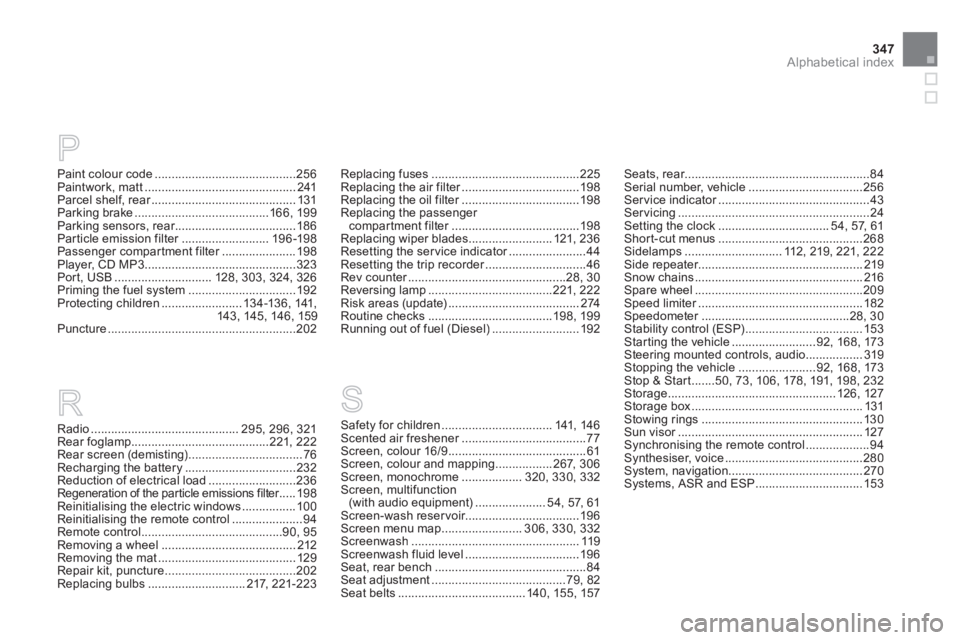 CITROEN DS3 CABRIO 2014  Handbook (in English) 347
Alphabetical index
R P
Paint colour code..........................................256Paintwork, matt.............................................241Parcel shelf, rear..............................