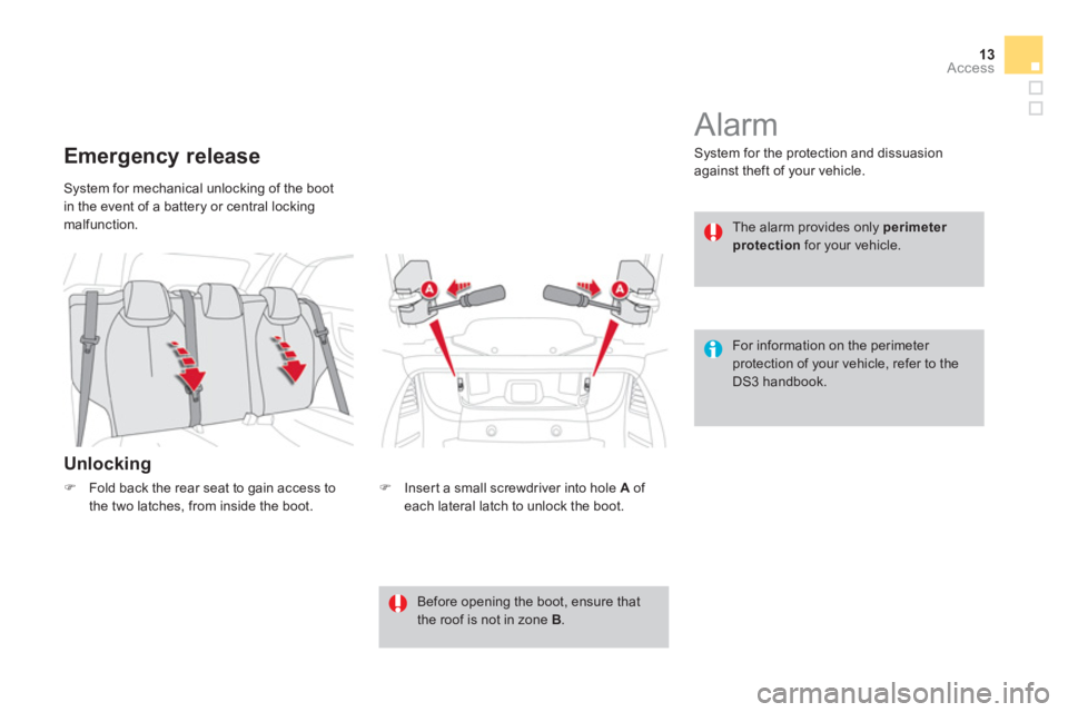 CITROEN DS3 CABRIO 2014  Handbook (in English) 13Access
  System for mechanical unlocking of the boot 
in the event of a battery or central locking 
malfunction. 
   
Unlocking 
 
 
 
 
 
 
 
Emergency release 
 
 
�) 
  Insert a small screwdriver
