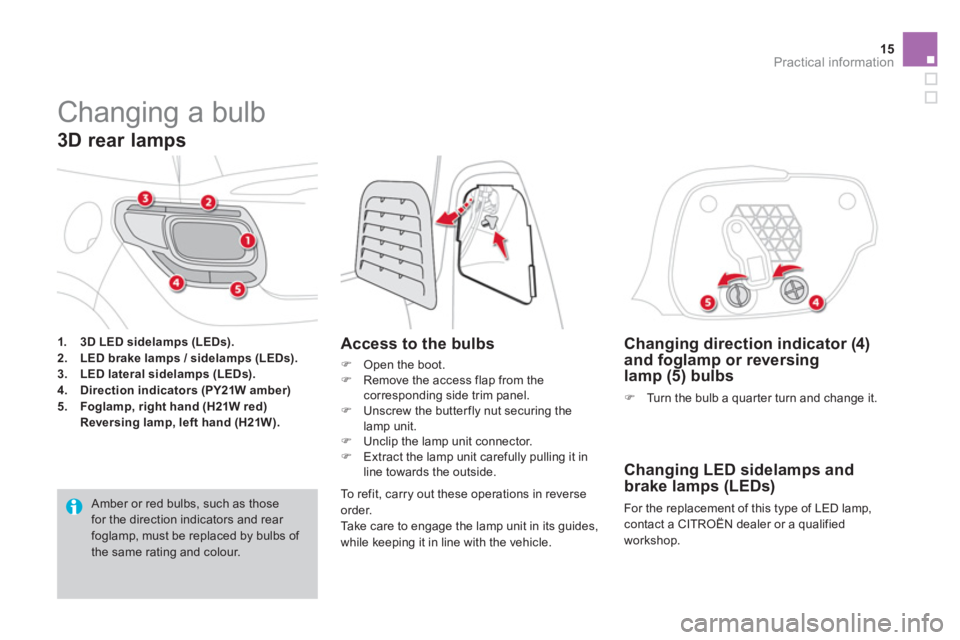 CITROEN DS3 CABRIO 2014  Handbook (in English) 15Practical information
   
 
 
 
 
 
 
 
 
 
 
 
 
 
 
 
 
 
 
 
 
 
 
 
 
 
 
 
 
Changing a bulb 
 
 
 
1. 
  3D LED sidelamps (LEDs). 
 
   
2. 
  LED brake lamps / sidelamps (LEDs). 
 
   
3. 
  