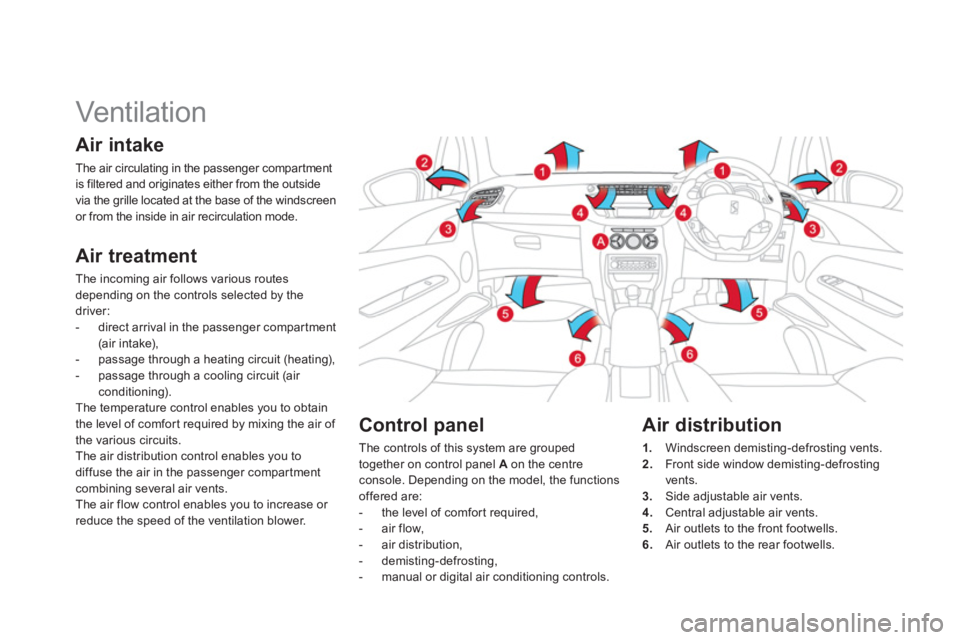 CITROEN DS3 CABRIO 2014 Handbook (in English)
Vent ilat ion
Air intake
The air circulating in the passenger compar tment
is filtered and originates either from the outside
via the grille located at the base of the windscreen CITROEN DS3 CABRIO 2014 Handbook (in English)
Vent ilat ion
Air intake
The air circulating in the passenger compar tment
is filtered and originates either from the outside
via the grille located at the base of the windscreen