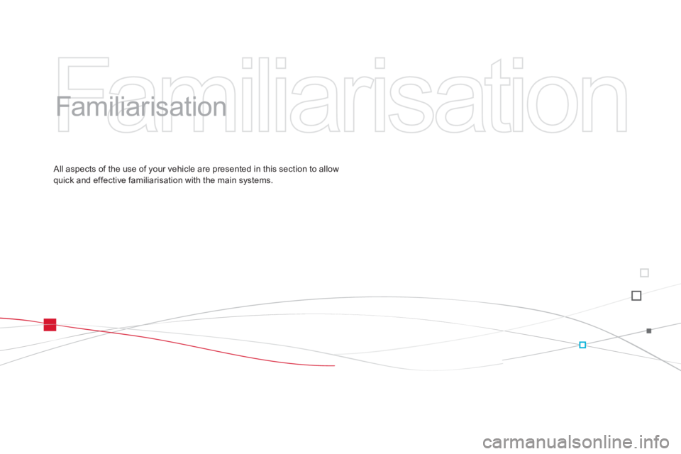 CITROEN DS3 CABRIO 2014  Handbook (in English)   Familiarisation 
 
   
Familiarisation  
 
 All aspects of the use of your vehicle are presented in this section to allow
quick and effective familiarisation with the main systems.  
  