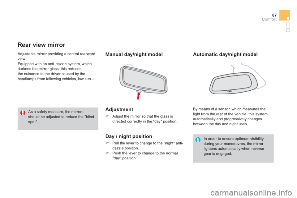 CITROEN DS3 CABRIO 2014  Handbook (in English) 87
Comfort
   
 
 
 
 
Rear view mirror 
Manual day/night model  
Adjustment 
�) 
 Adjust the mirror so that the glass is
directed correctly in the "day" position.
Day / night position
�)   Pull the l