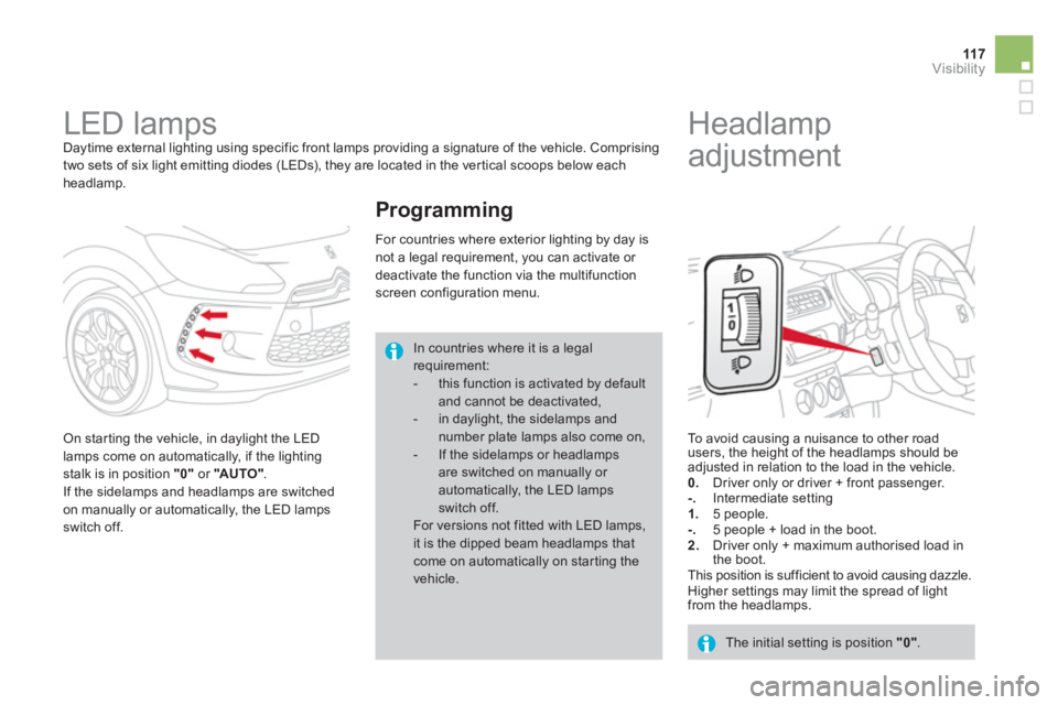 CITROEN DS3 CABRIO 2013 Handbook (in English) 11 7Visibility
LED lamps
Daytime external lighting using specific front lamps providing a signature of the vehicle. Comprising
two sets of six light emitting diodes (LEDs), they are loc CITROEN DS3 CABRIO 2013 Handbook (in English) 11 7Visibility
LED lamps
Daytime external lighting using specific front lamps providing a signature of the vehicle. Comprising
two sets of six light emitting diodes (LEDs), they are loc