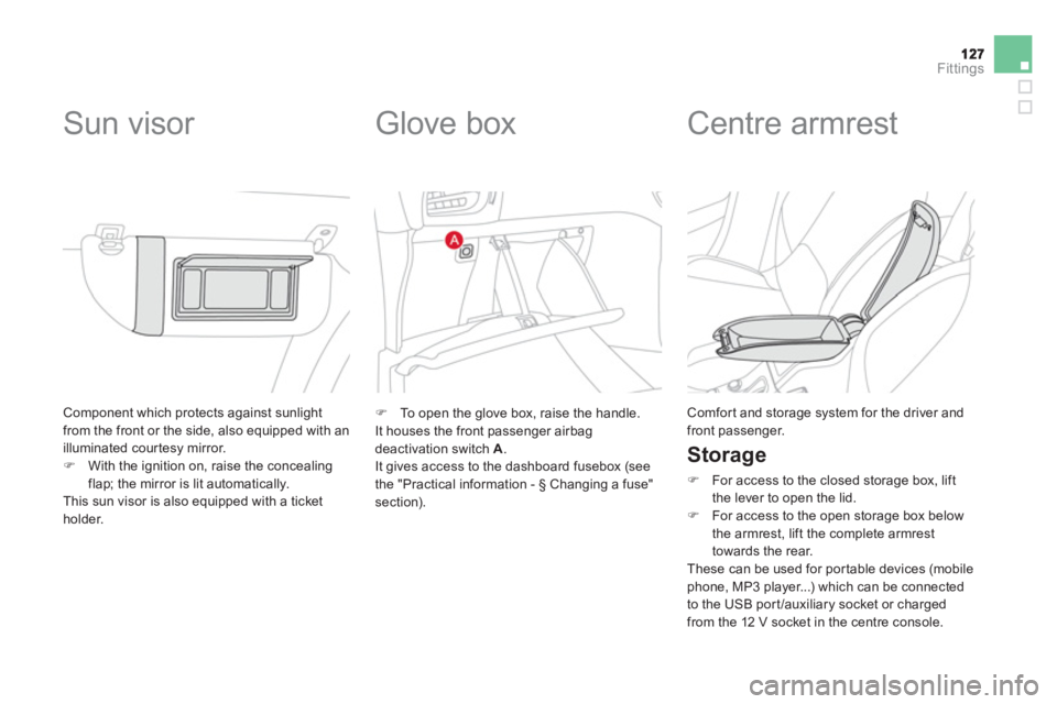 CITROEN DS3 CABRIO 2013  Handbook (in English) Fittings
 Component which protects against sunlightfrom the front or the side, also equipped with an
illuminated courtesy mirror.�)With the ignition on, raise the concealingflap; the mirror is lit aut