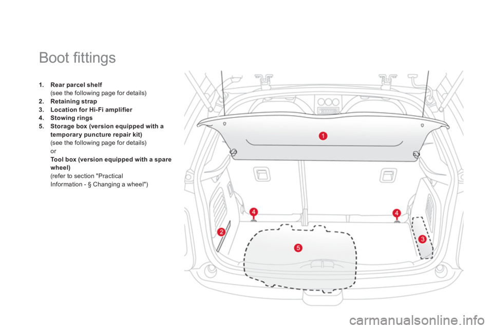 CITROEN DS3 CABRIO 2013  Handbook (in English) 1.Rear parcel shelf(see the following page for details) 2.Retaining strap3.Location for Hi- Fi amplifier
4.Stowing rings5.Storage box (version equipped with a 
temporary puncture repair kit)(see the f