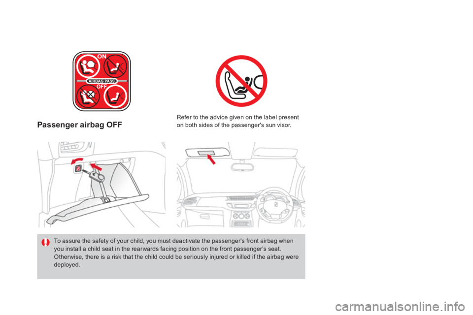 CITROEN DS3 CABRIO 2013 Handbook (in English) Passenger airbag OFF
Refer to the advice given on the label present
on both sides of the passengers sun visor.
To assure the safety of your child, you must deactivate the passengers front CITROEN DS3 CABRIO 2013 Handbook (in English) Passenger airbag OFF
Refer to the advice given on the label present
on both sides of the passengers sun visor.
To assure the safety of your child, you must deactivate the passengers front