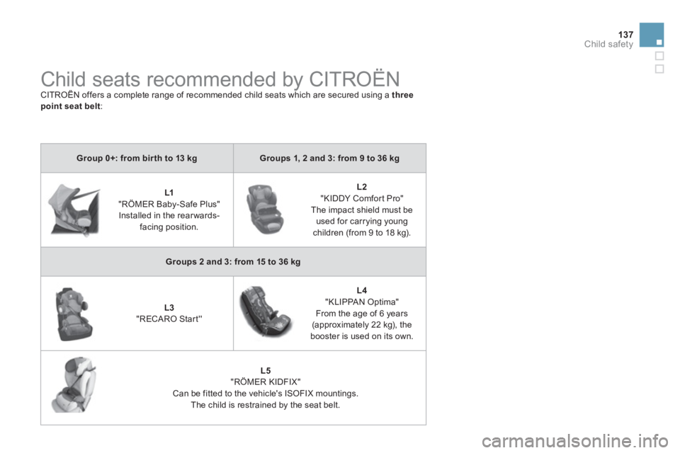 CITROEN DS3 CABRIO 2013  Handbook (in English) 137
Child safety
   
 
 
 
 
Child seats recommended by CITROËN  
CITROËN offers a complete range of recommended child seats which are secured using a  ythree point seat belt:
Group 0+: from bir th 