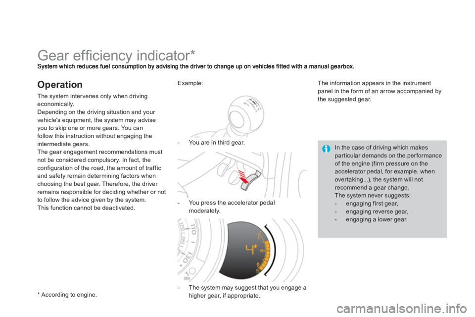 CITROEN DS3 CABRIO 2013  Handbook (in English)    
 
 
 
 
 
 
 
 
 
 
Gear efﬁ ciency indicator *  
Operation
The system intervenes only when driving economically.
Depending on the driving situation and your 
vehicles equipment, the s
ystem ma