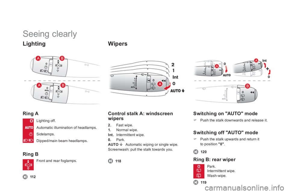 CITROEN DS3 CABRIO 2013  Handbook (in English)   Seeing clearly 
Lighting
Ring A 
Ring B 
 
 
Wipers
112
 
 
Control stalk A: windscreen 
wipers
2.   Fast wipe. 
1. Normal wipe.Int.  Intermittent wipe.
0.  Park. 
AUTO �È Automatic wiping or singl
