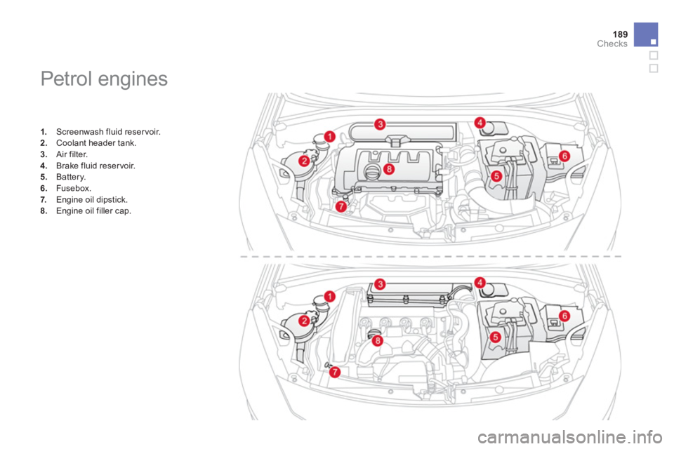 CITROEN DS3 CABRIO 2013  Handbook (in English) 189Checks
   
 
 
 
 
 
 
 
 
 
 
 
 
 
Petrol engines 
1. 
 Screenwash fluid reservoir. 2.Coolant header tank.3.Air filter.
4. 
 Brake fluid reservoir.
5.   Battery.
6.Fusebox.
7.   Engine oil dipsti